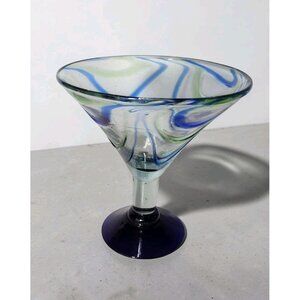 Large Handblown Mexican Swirl Art Martini Margarita Glass Cobalt Blue Green